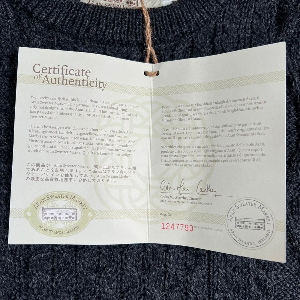 Aran Sweater Market Irish Wool Fisherman Sweater Mens XL Charcoal Gray Ireland